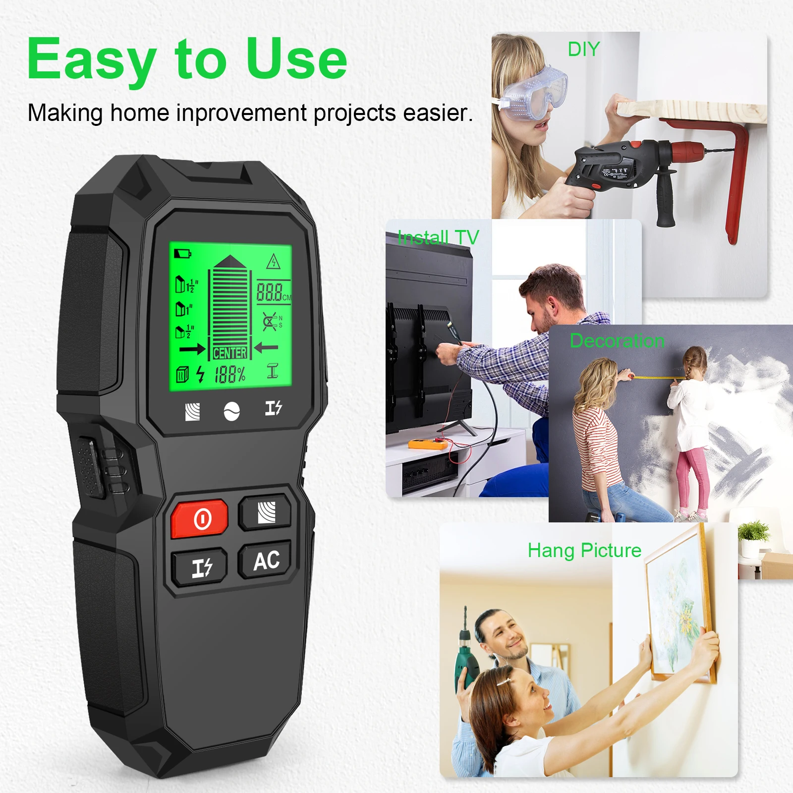 Stud Finder Center Finder Edge - HW-QB6 5-in-1 LCD Elektronischer Wandscanner Holzträgerfinder